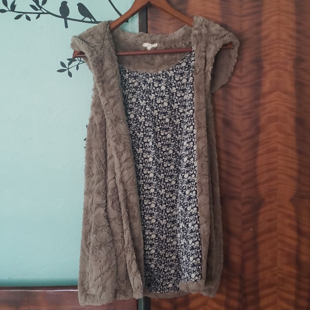Anthropologie faux fur tan hooded long vest